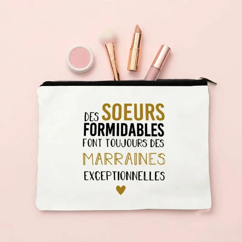 French Print Makeup Bag Sister Tata Travel Neceser Toiletry Pouch Pregnancy Announcement Zipper Cosmetic Bag Tata Marraine Gift 2