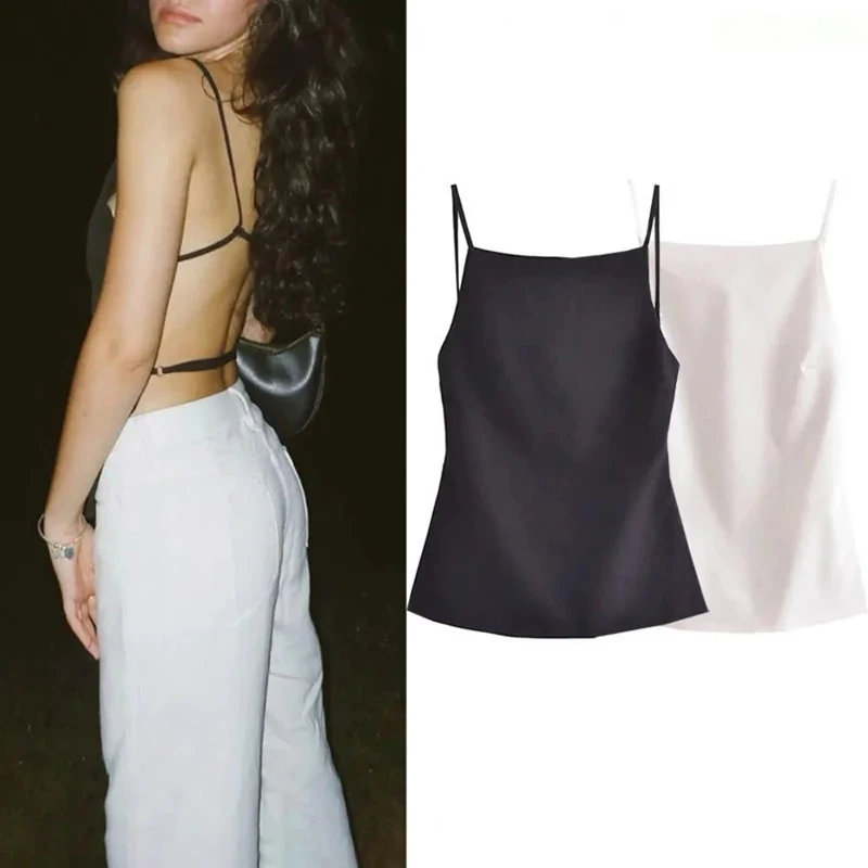 1pc Women's Backless Top Women Fashion Solid Lace Up Backless Camisole Vintage Thin Straps Square Collar Female Chic Lady Tops