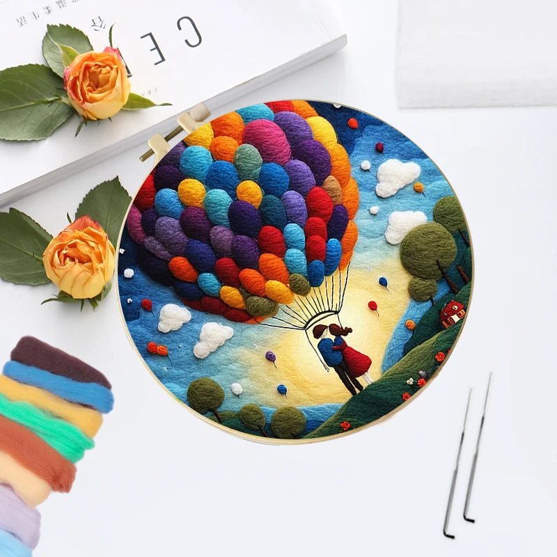 CHENISTORY Needle Felting Kit Starter, Felting Kit For Beginners Hot Air Balloon Tree Scenery Diy Needle Painting Art