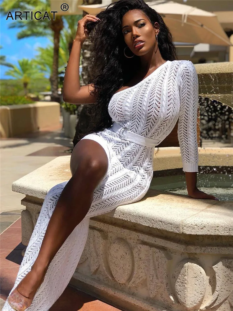 

Articat Вязаное летнее платье с разрезом от бедра на одно плечо, женское Свободное длинное платье с поясом, Пляжное Повседневное платье макси, вечерние платья