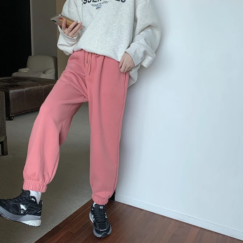

Female Fashion Korean Plus Velvet Solid Color Trousers Women Fall Winter High Waist Pants Casual Loose Full Length Harem Pants