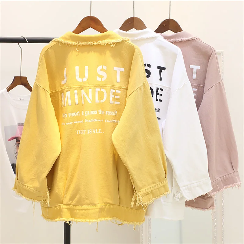 

Nice Pop Letter Print Boyfriend Jeans Jacket for Women Girl Candy Color Denim Cotton Jacket Lady Coat Loose Hole Chaqueta Mujer