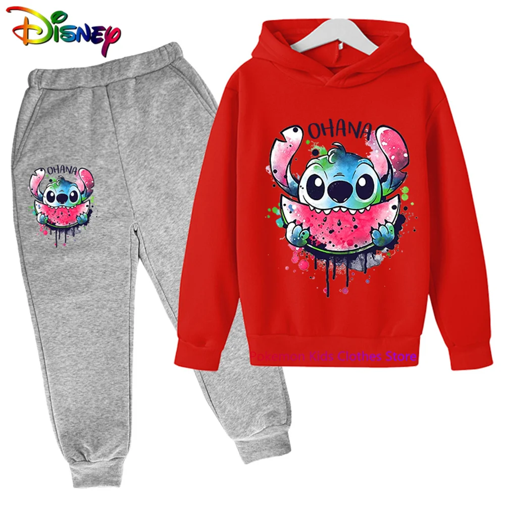 

Kawaii Disney Cute Stitch Hoodies Cartoon 2pcs Set Kids Baby Boys Girls Hip Hop Streetwear Tops Long Pants Suit Clothing Sets