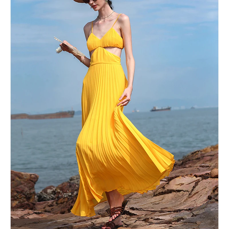 

Женское платье с открытой спиной, желтое облегающее платье с V-образным вырезом, элегантное вечернее платье для отпуска без рукавов, лето