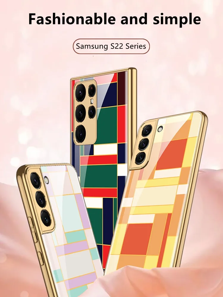 samsung silicone Geometric Phone Case For Samsung S22 Case Glass Ultra-thin for S22Plus S22Ultra Patterned Full Coverage funda Scratch Proof Cute kawaii phone cases samsung