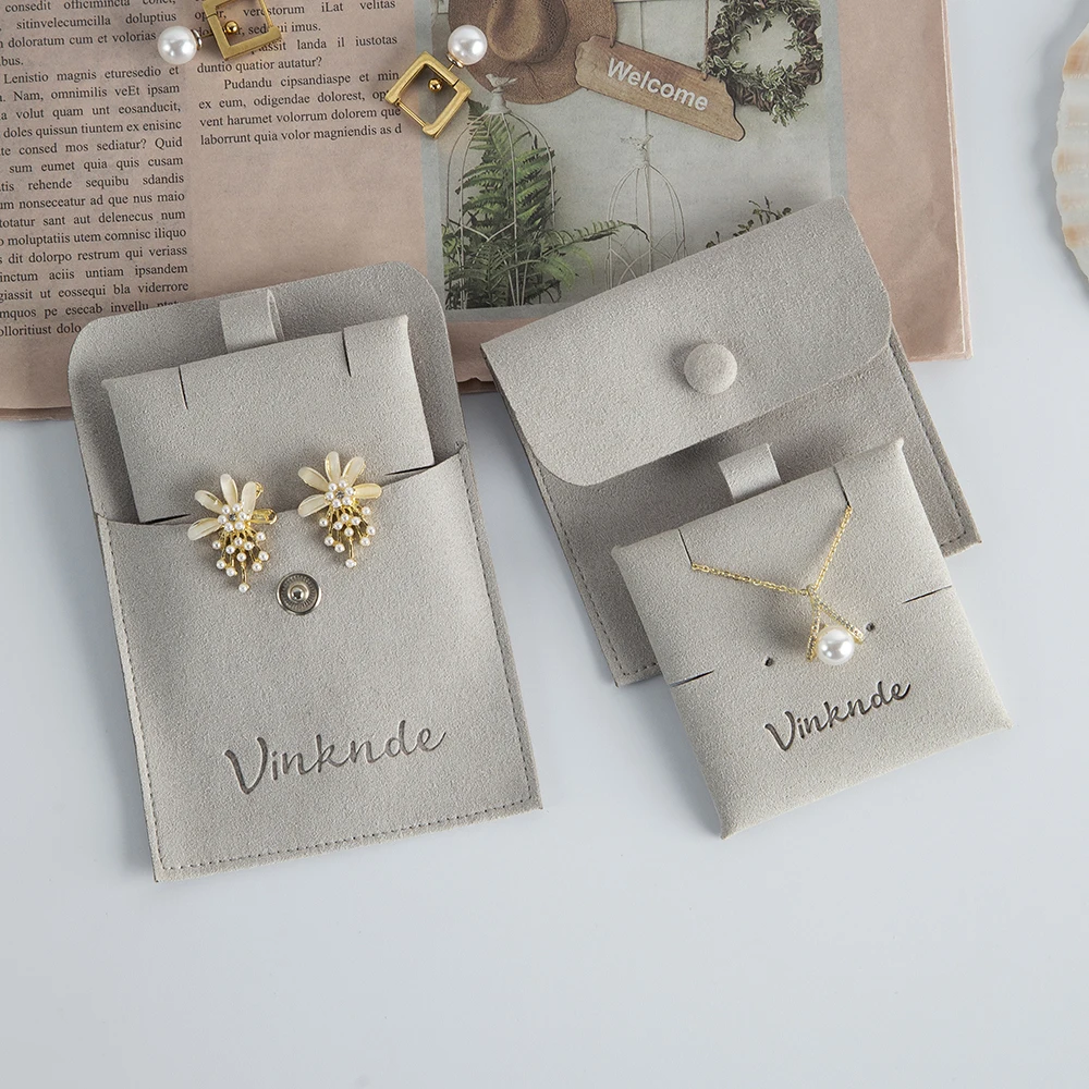 Microfiber Button Jewelry Gift Pouch With Insert Card Custom Logo Suede Envelope Jewelry Earrings Necklace Packaging Storage Pad