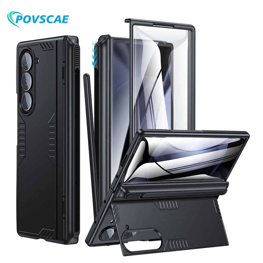 ‌Heavy-Duty Shockproof Phone Case with S Pen Holder & Screen Protector, Full-Body Hinge Protection Cover