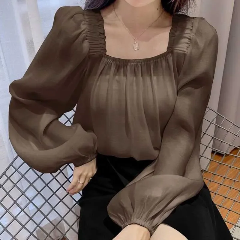 

Блузка женская с квадратным вырезом, модный однотонный топ со складками и пышными рукавами, Повседневная универсальная свободная одежда, E646, весна