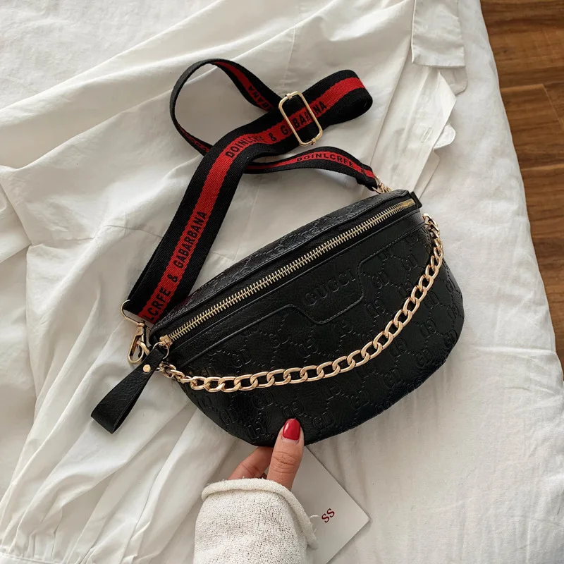 Fashion Simple Women's Waist Bag Chain Shoulder Crossbody Bag Hundred Ladies Chest Letters Printing PU Material pu crossbody bag