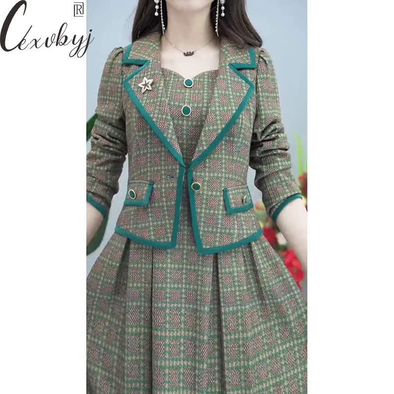 Print Vintage Fake Dress 2 Piece Suit Women  Spring  Autumn Knee-Length Vestidos Plus Size Vintage Long Sleeve Elegant Dress