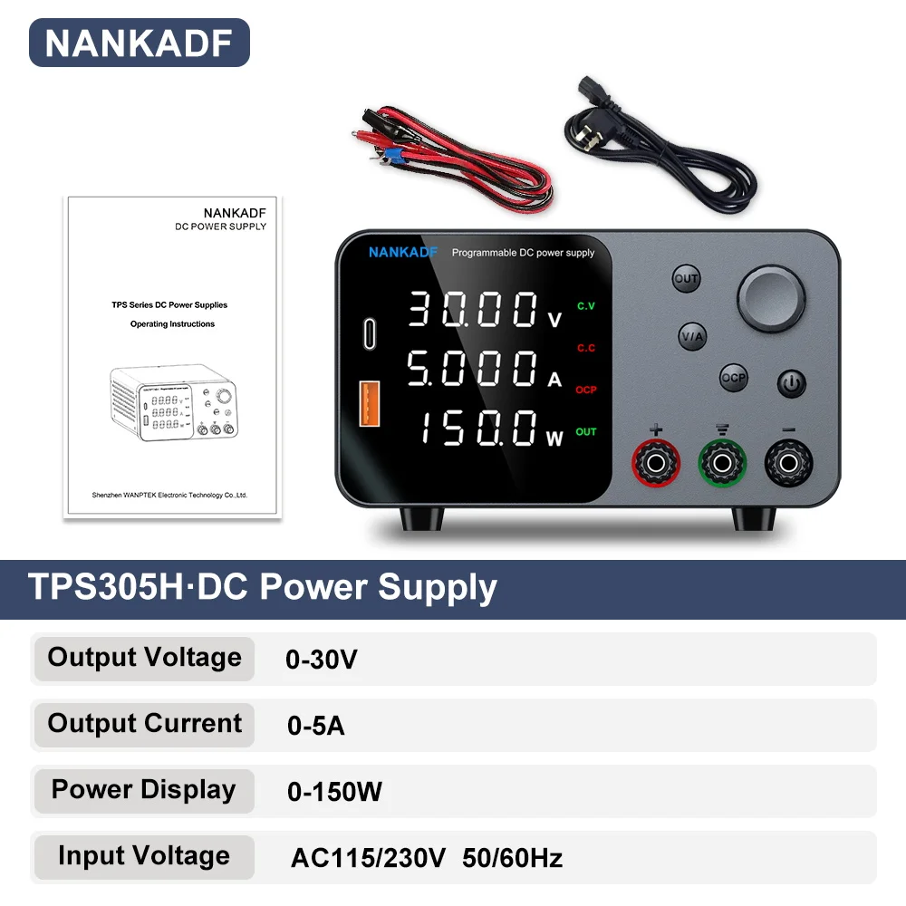 30V 5A 10A Labornetzteil mit USB-A/Typ-C Ladeanschluss DC-Stromversorgung für 4-stellige LED-Anzeige mit Encoder-Steuerung – Detail 1