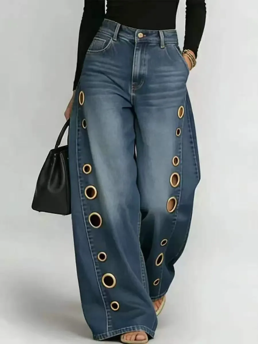 Nouveau Jean à Jambes Larges avec Œillets pour Femme, Taille Haute, Sexy, Élégant, Style Streetwear, Denim à Trous, Coupe Droite
