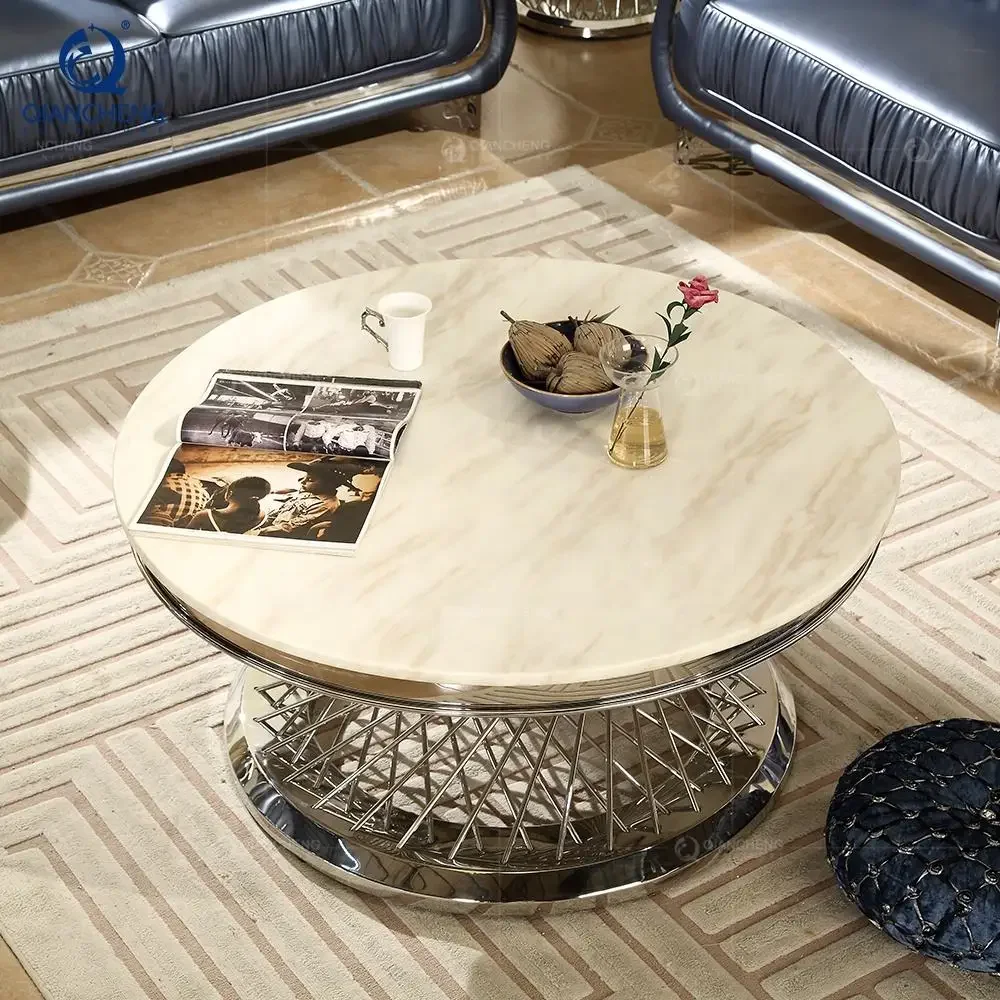 Luxury coffee table living room furniture marble table top gold metal stainless steel round coffee