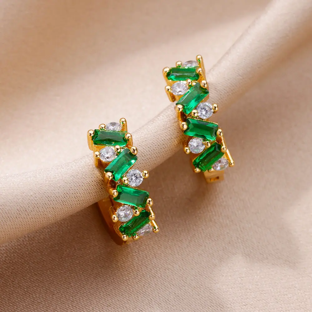 Fashion Green Zircon Square Earrings For Women