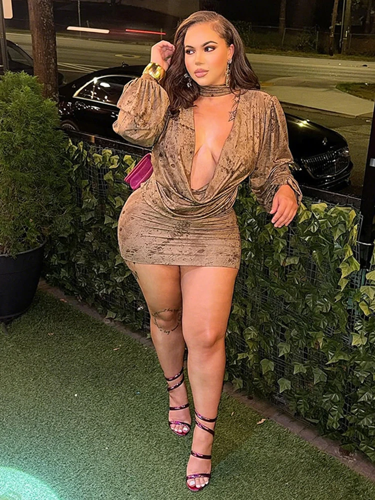 Nibber Swing Collar Mini Dresses Woman Vintage Print Halter Lantern Sleeve Skinny Peach Hip Hottie Street Sexy Fashion Bodycom