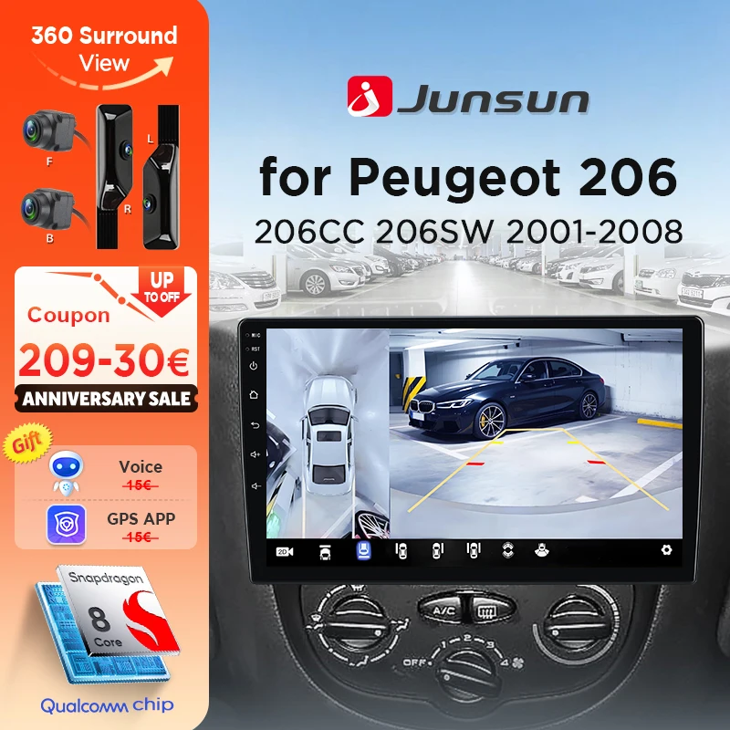 Junsun 360 ° Panorama-Kamera-Autoradio für Peugeot 206 206CC 206SW 2001-2008, kabelloses CarPlay, Bildschirm, Android Auto, Stereo, GPS-Navigation