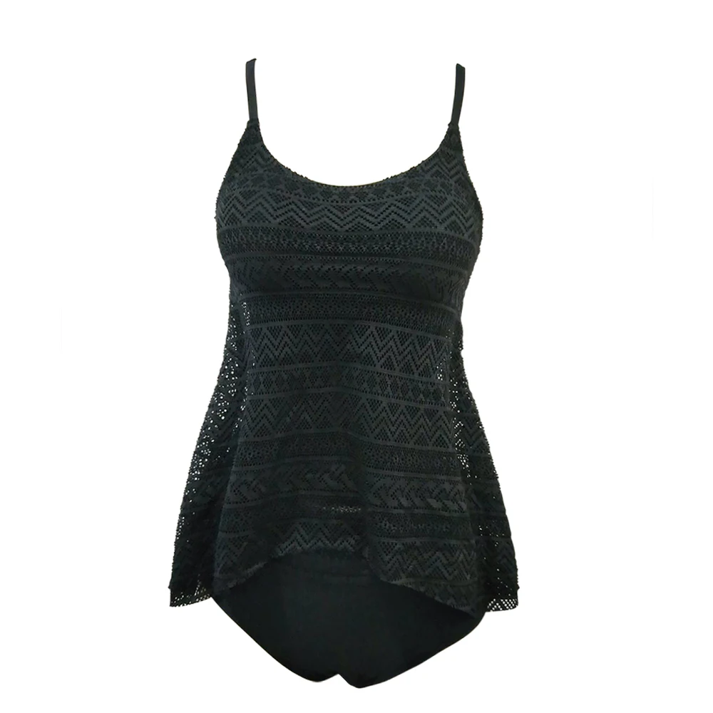 Plus Size Swimwear Women Black Tankini Tummy Control Swimwear Tank Top Retro Solid Swimsuit with Shorts Two Piece Bathing Suit