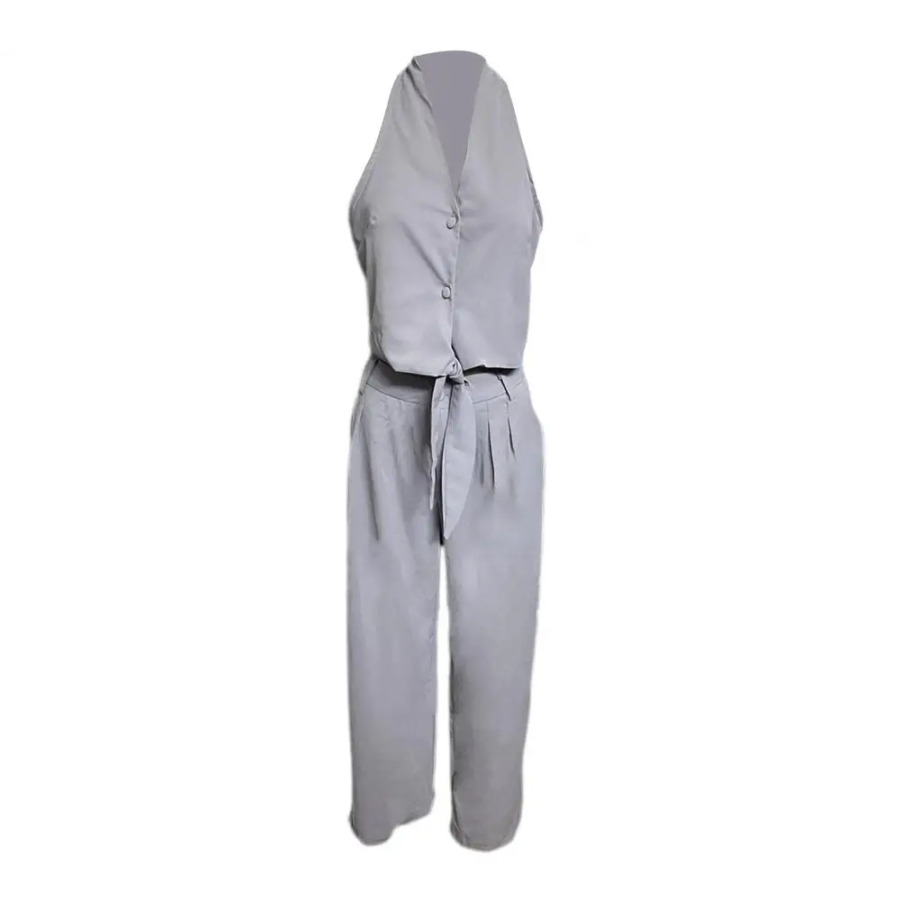 2 Pcs Women Vest Pants Set Formal Business Outfit Halter Neck Wide Leg High Waist Trousers Lady Commute Top Trousers Set no belt