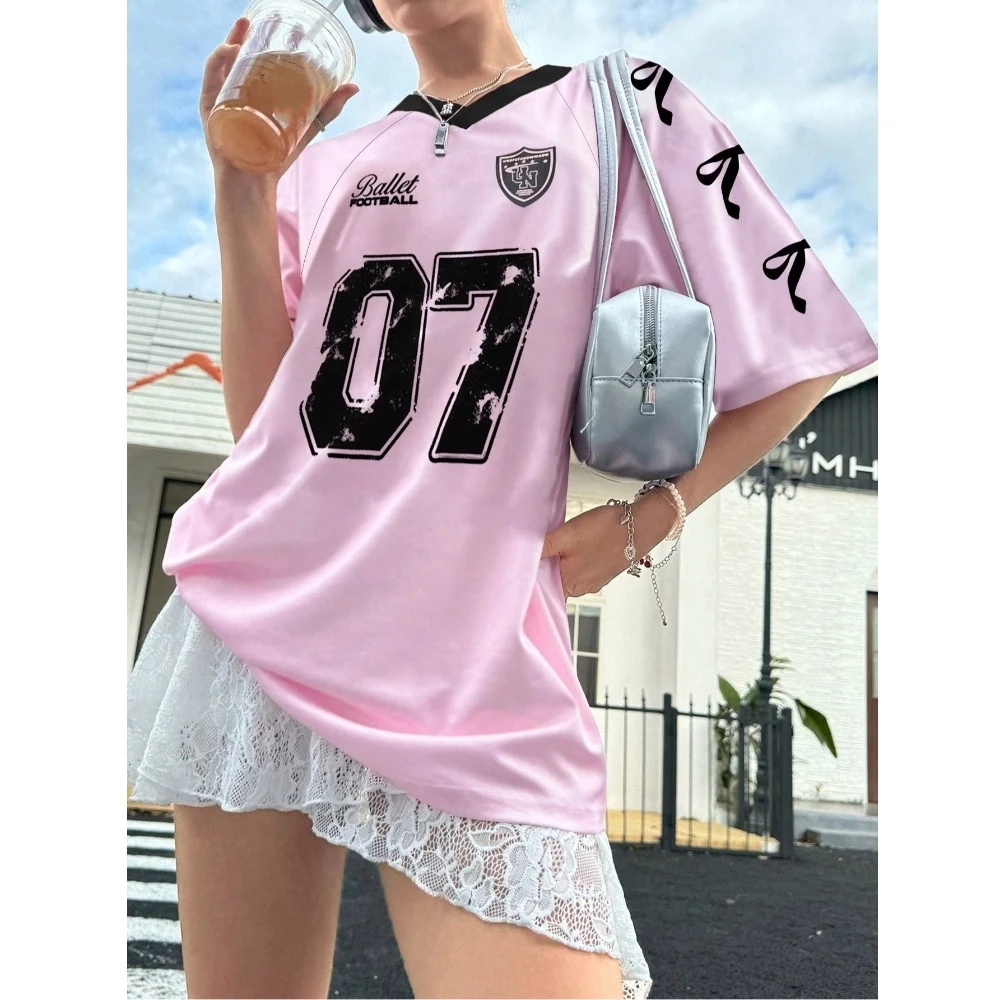 Description Picture 5 of itemV-neck Sports Tennis T-shirts Teenagers Adolescent Number Print Female Crop Tops Loose Casual Bow Letter Shirt Daily