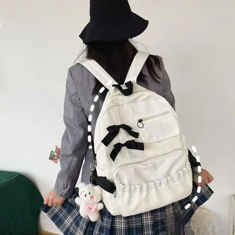 College Style Cute Contrasting Color Bow Pleated Personality Student Backpack For Women's Solid Color Large-capacity Backpacks 4