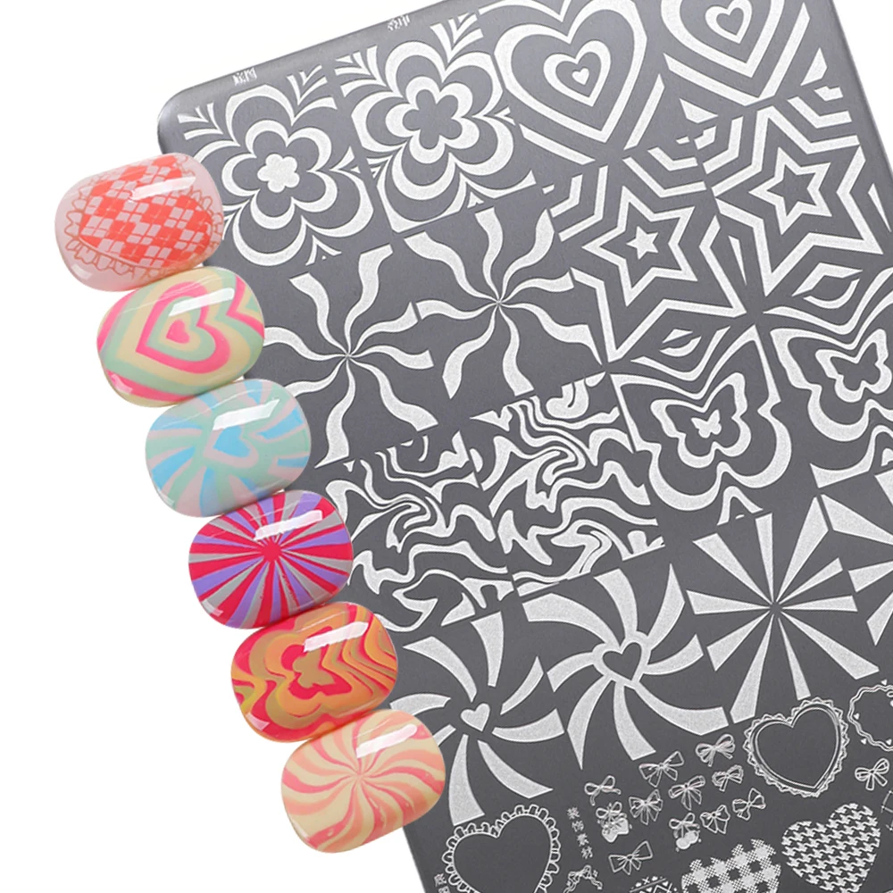 14.5*9.5 cm 스트라이프 하트 패턴이 있는 DIY 네일 템플릿 네일 아트 스탬핑 플레이트 판타지 오버레이 매니큐어 스탬퍼 도구 (가정용)