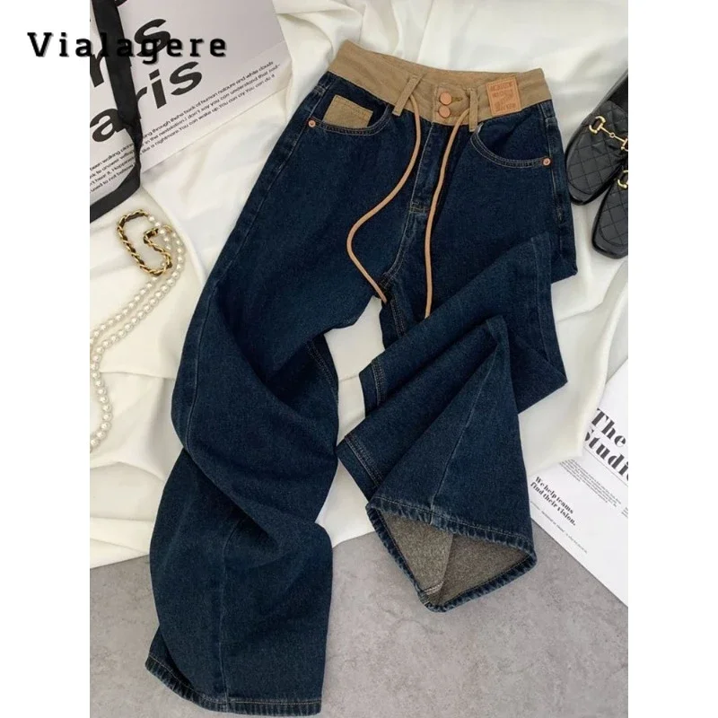 

2023Winter Women Wide Leg Baggy Y2K Denim Trouser Vintage Casual High Waist High Street Style Patchwork Jeans Drawstring Pants