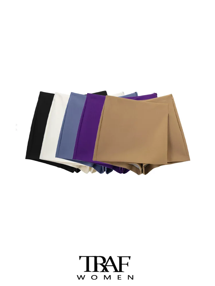 

TRAF Women Fashion Pareo Style Asymmetric Shorts Skirts Vintage High Waist Side Zipper Female Skort Mujer