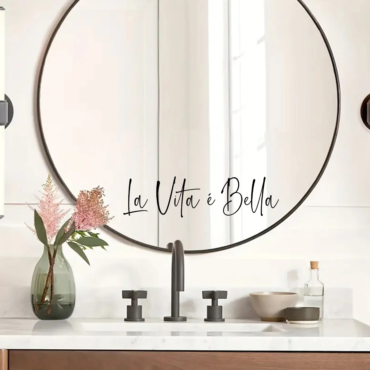 "La Vita E Bella" Text PVC Removable Mirror Sticker for Bedroom Decoration Home Self-adhesive Decals Living Room Decor 1pcs