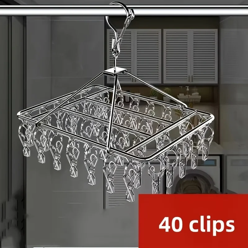 Stainless Steel Laundry Hanger Stainless Steel Laundry Hanger Clothes Rack with 40 Anti-Wind Rotary Utility Hooks Windproof Drying Stand for Indoor/Outdoor Use