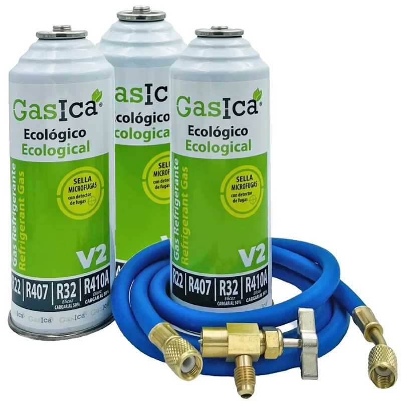 Pack 3 Bottiglie Gas Refrigerante Gas V2 - R22-R32-R407-R290-R410A + 5/16 Tubo Di Ricarica X1/4 + Valvola