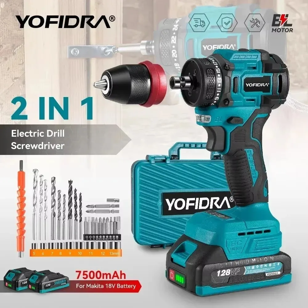 YOFIDRA Elektrische Bohrmaschine 2 in 1 Bürstenloser Schraubendreher Hammer Akku Schlag Multifunktionales Elektrowerkzeug Kompatibel mit Makita 18V Batterie Pin