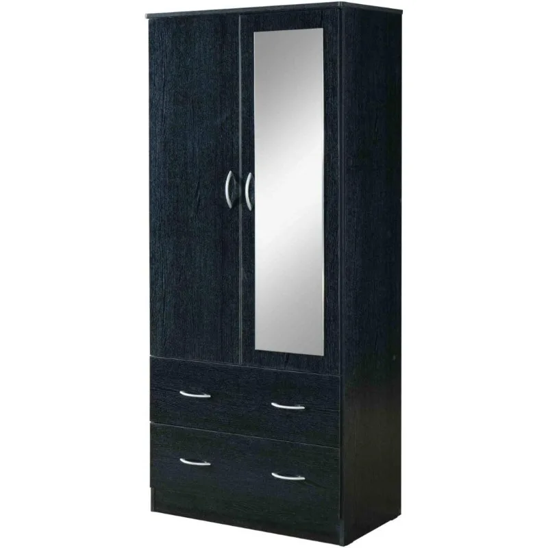 

Door Wood Wardrobe Bedroom Closet with Clothing Rod inside Cabinet, 2 Drawers for Storage and Mirror, Black