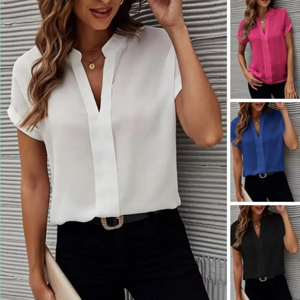 

Office Lady Blouses V-neck Short Sleeve Women Tops Thin Loose Fit Cool Breathable Solid Color Casual Shirt Workwear blusas
