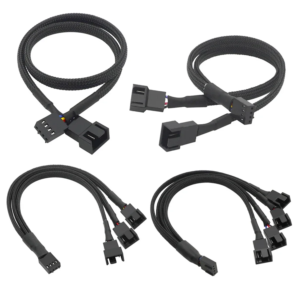 4-poliges 1 bis 3-Wege-PWM-Lüfter-Splitterkabel, gekühlt, 1 bis 2/3/4-Wege-Wasserhahnhülsenverlängerung, geflochtenes Kabel, Verlängerung, Lüfteranschluss, 27 cm