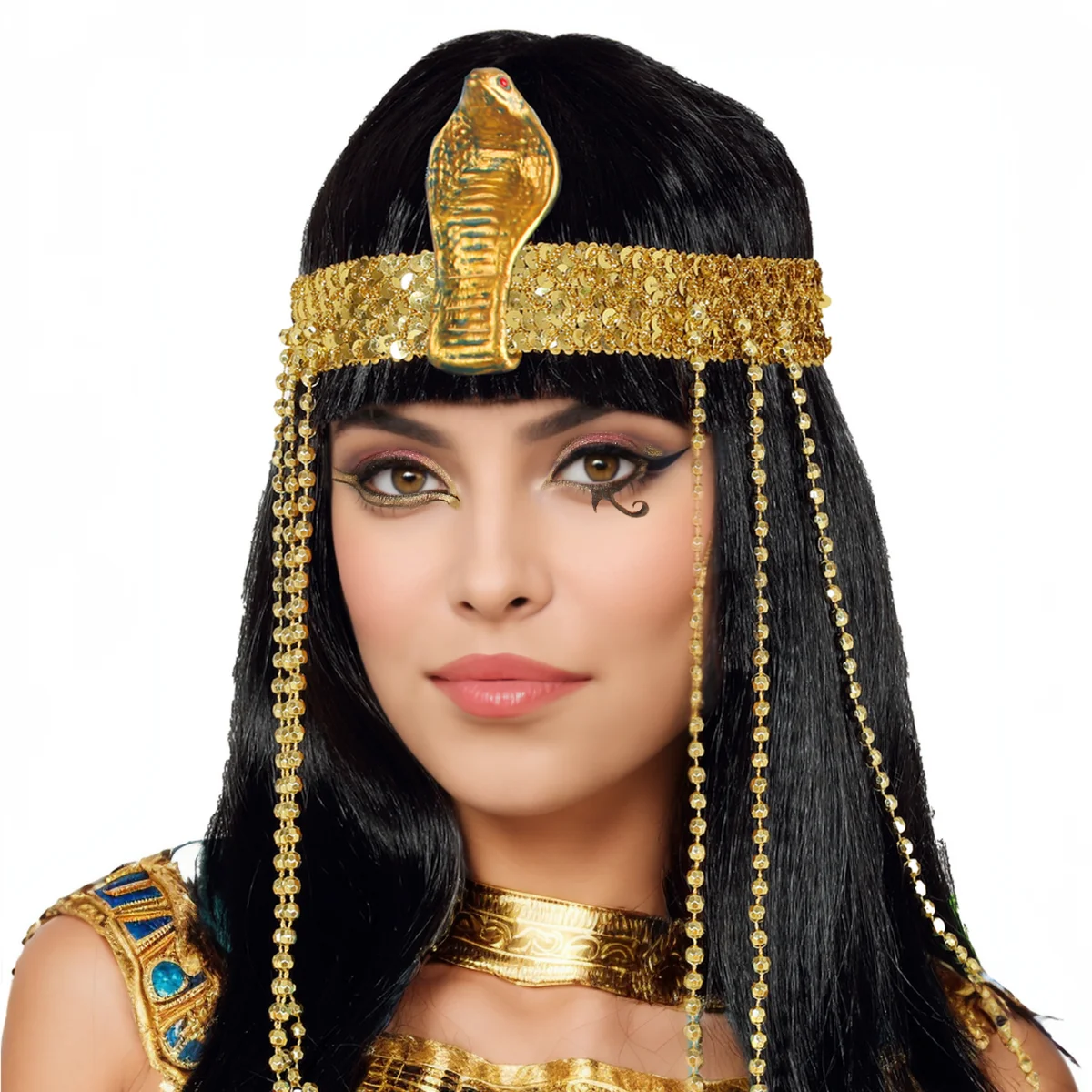 Women's Short Straight Cleopatra Wig with Fringe Beads And Snake Headband Egyptian Queen Costume Accessory for Cosplay Parties