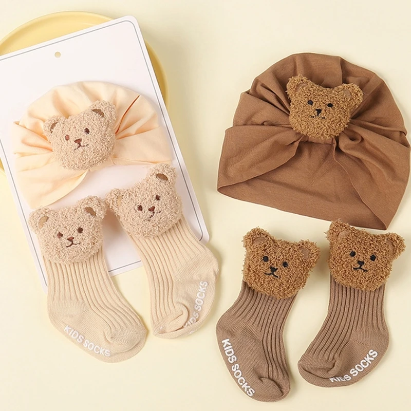 

Cartoon Baby Fetal Caps Newborn Headwears with Floor Socks, Breathable Infant Knotted Turban Hat Bonnet Hats