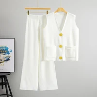 Casual Knit 2 Pieces Suit Women V-neck Sleeveless Single Breasted Slim Tank Wide leg Pants Female Set 2025 Spring Summer - Image 6