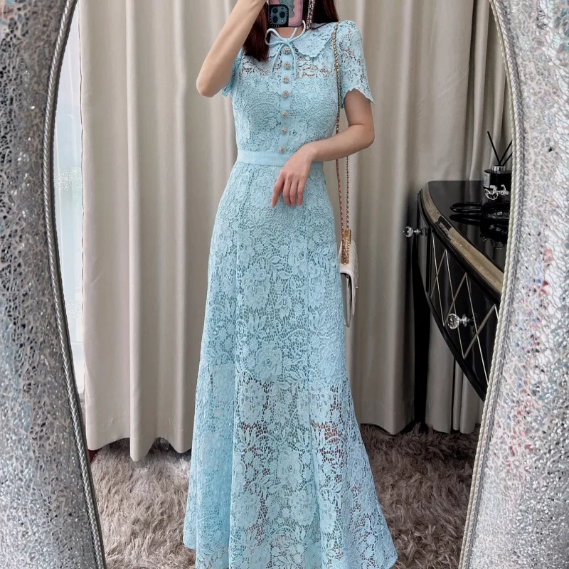 

SuperAen Summer New Women's Blue Doll Neck Bow Lace Waist Sweetheart Dress High Grade Heavy Industry Long Dress