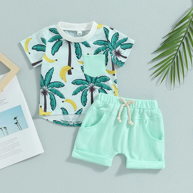 -04-21 Lioraitiin 0-3Years Toddler Baby Boy 2Pcs Summer Clothes Beach Tree Print Short Sleeve Crew Neck T-Shirts Shorts