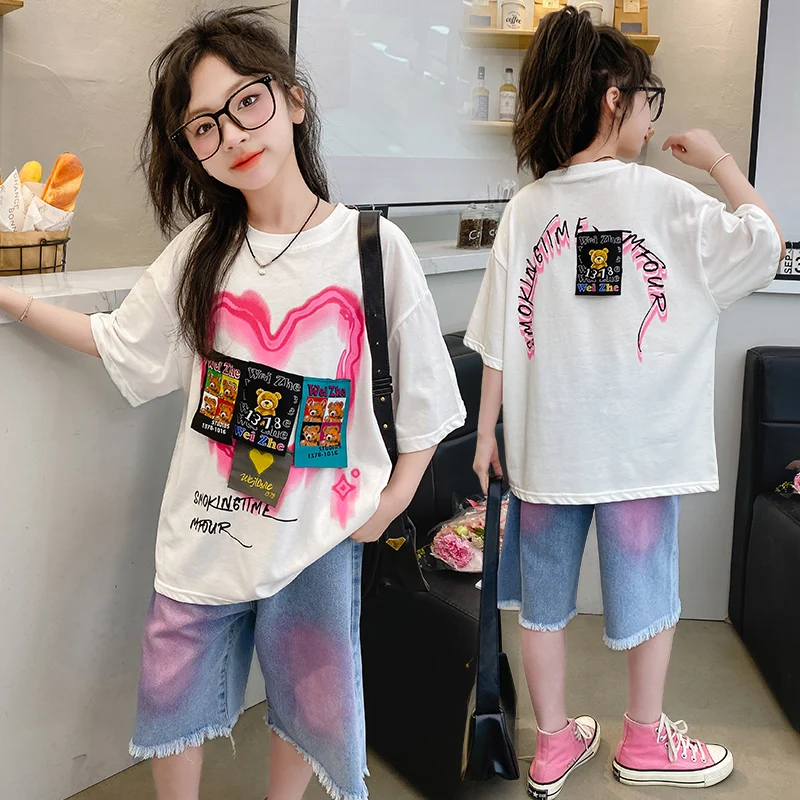 

100% cotton teen Girls T Shirt Kids Tops tee Child Streetwear Clothes Cartoon Bear Letter Print 4-14 junior girl animal t-shirts