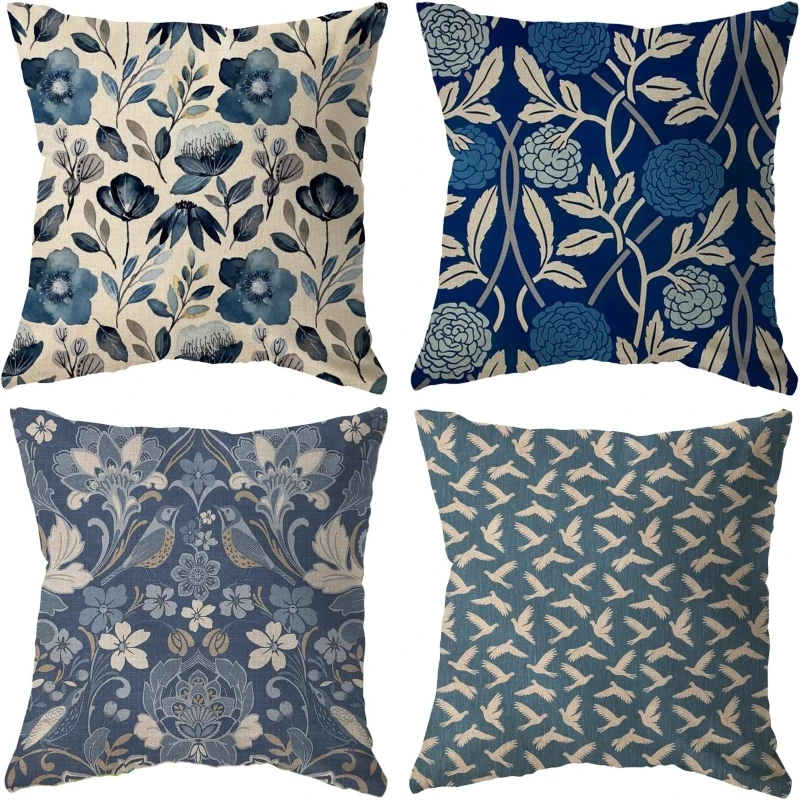 Blue Flowers Retro Rustic Farmhouse Pillow Covers Cotton Linen Cushion Case Sofa Throw Pillows Cover Living Indoors Home Decor 1