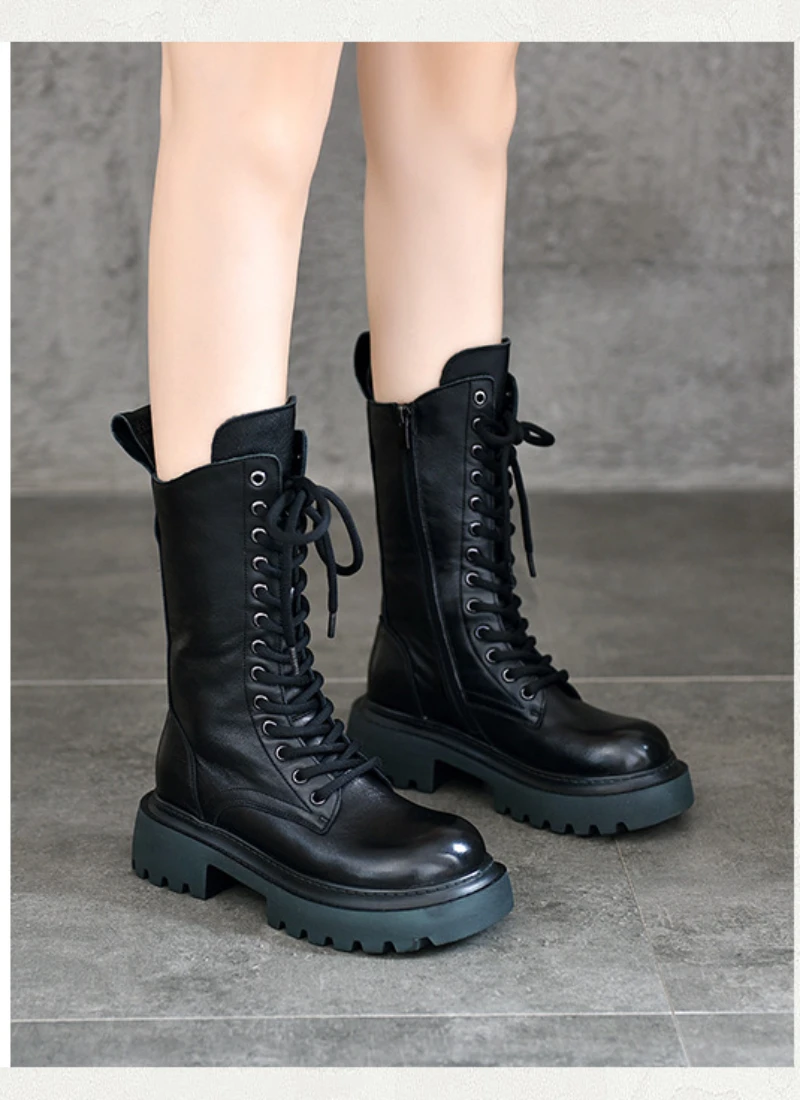 2024 New Ladies Autumn Winter British Style Lace Up Martin Boots Fashion Trend Platform Women's Mid-calf Boots