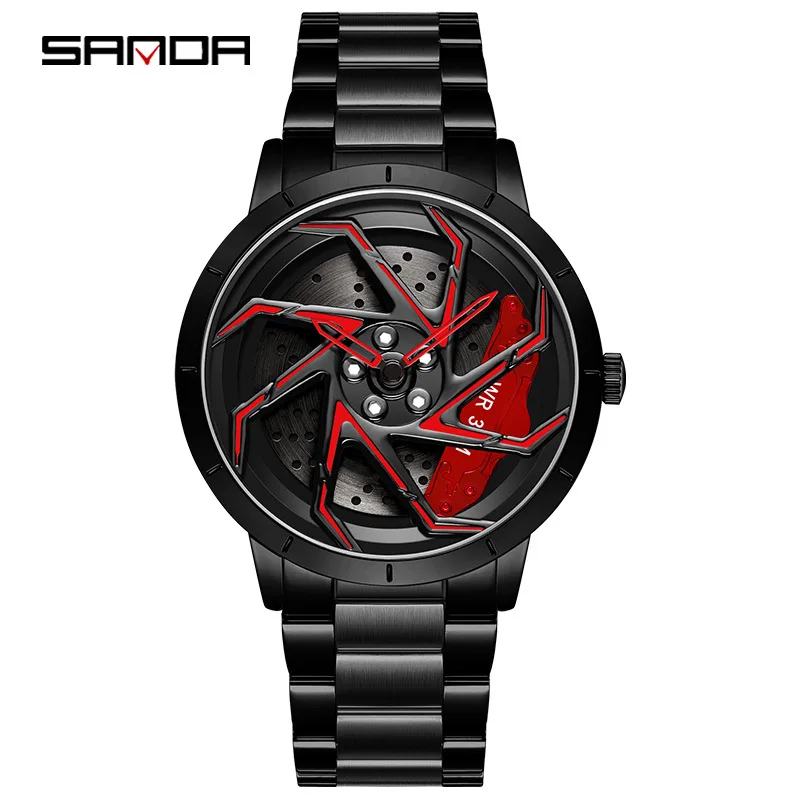 

SANDA P1088 Men's Watch Stainless Steel Band Watch Premium Quartz Movement Car Rim Wheel Shaped Rotating Dial Relogio Masculino