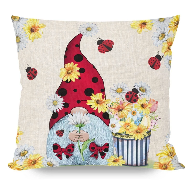 Spring Gnome Pillow Cover Sunflower Pillowcase Cotton Linen Cushion