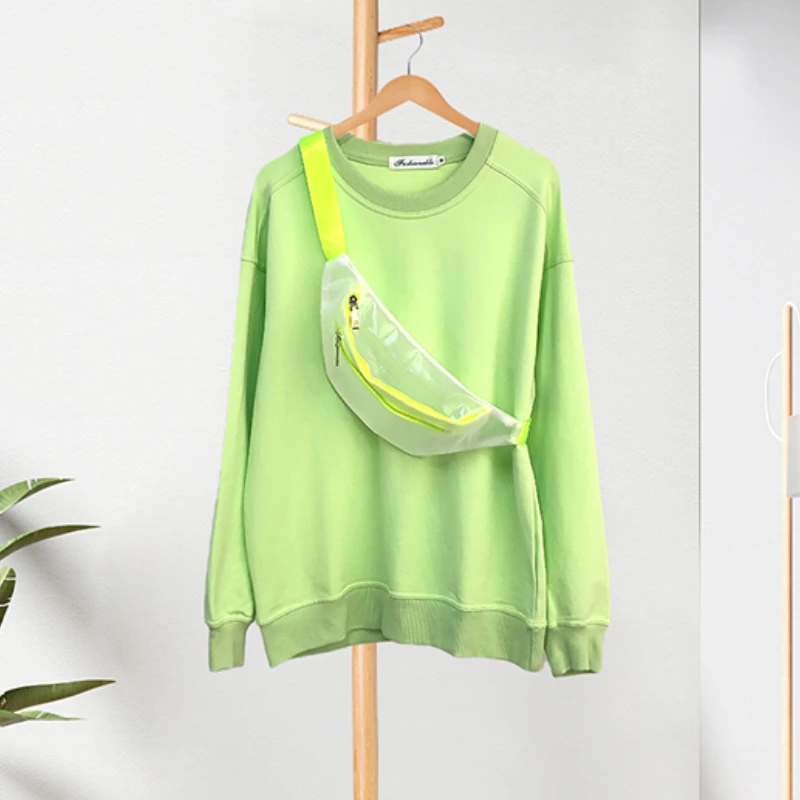 DAYIFUN-Green O-Neck Pullover Hoodies with Bag Women Long-Sleeved Sweatshirts Lady Chic Tops Streetwear High Street Fashion