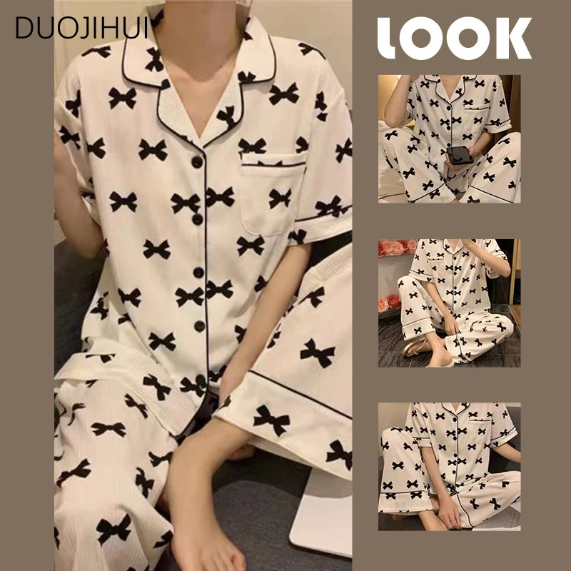 

DUOJIHUI New Two Piece Sweet Casual Home Pajamas for Women Ins Spell Color Chic Cardigan Simple Pant Fashion Female Pajamas Sets