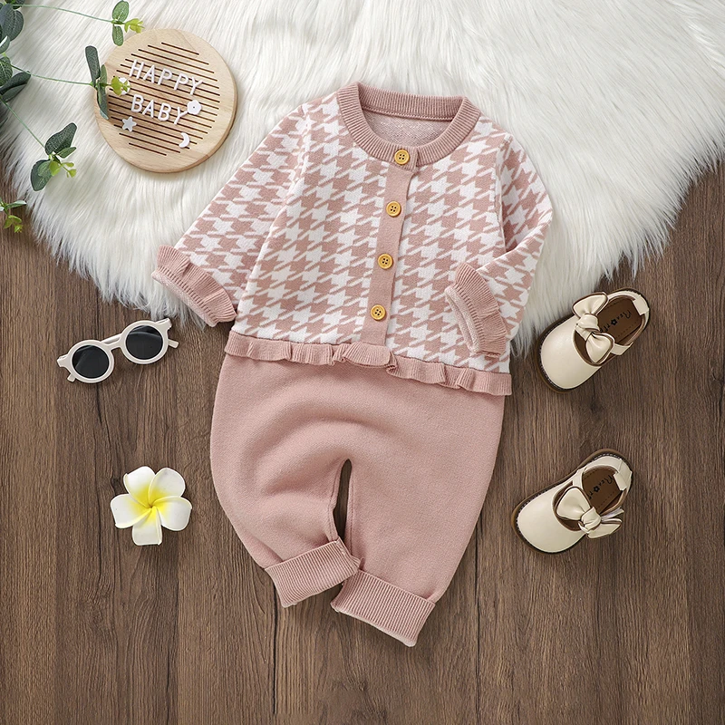 

Newborn Baby Romper Knitted Infant Girl Jumpsuit Long Sleeve Autumn Toddler Clothing Fashion Houndstooth 0-18M Overalls Playsuit