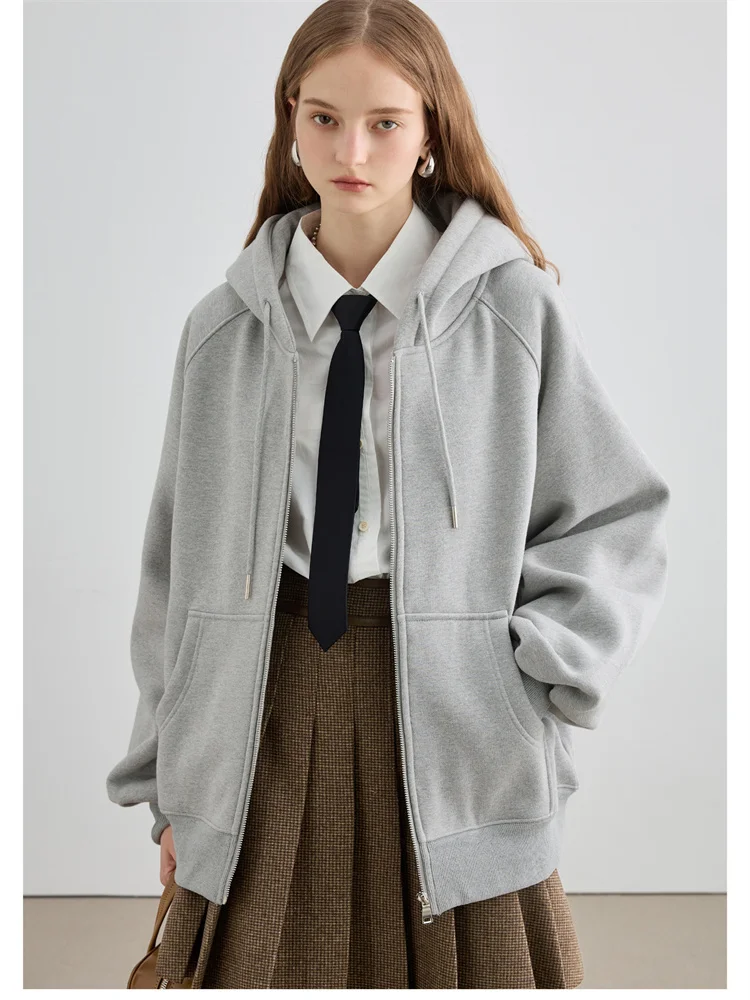 

MOLAN Hodded Women Jacket Gray Korean Stylish Sweet Pockets Zipper Cute Jacket Female Fashion Ins Jacket