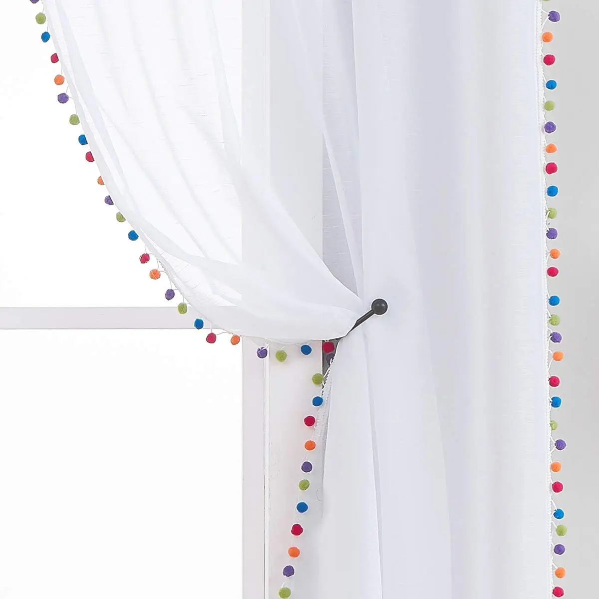 

White Sheer Curtains with Multi-Color Pom Pom tulle Curtains for Toddler Linen Textured Decorative Nursery Room Window Drapes