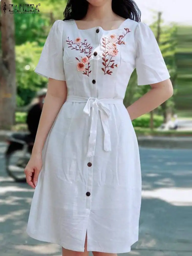 

ZANZEA Summer Loose White Dress Tie Waist Square Neck Vestidos Women Cotton Knee-length Dresses Embroidery Flowers Casual Robes